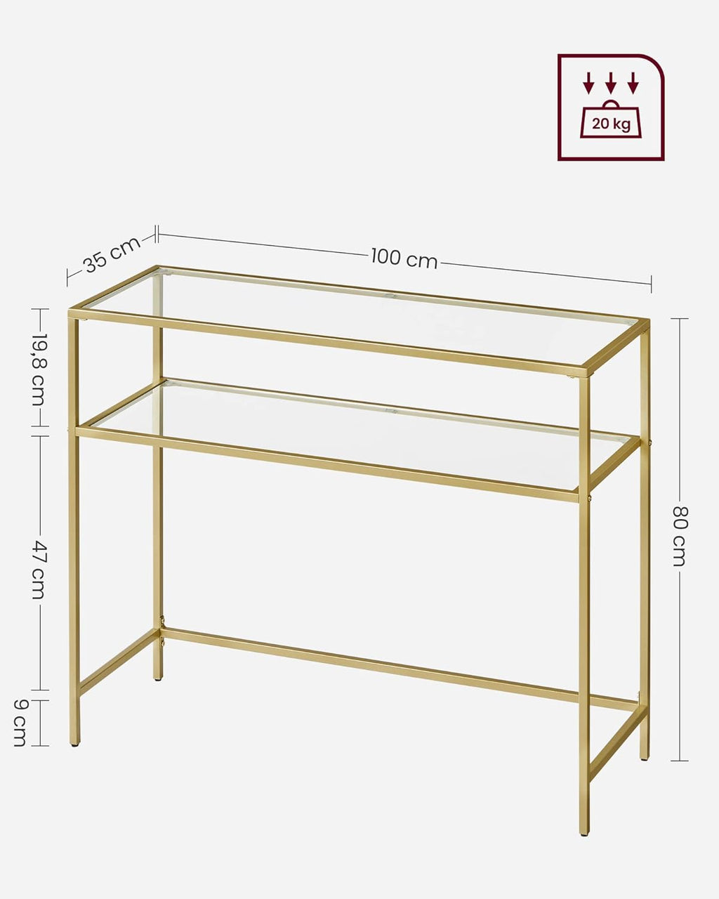 VASAGLE Mesa de Consola, Mesa de Entrada, Marco de Metal, Extremo del Sofá, Tablero de Vidrio Templado, Patas Ajustables, para Salón, Entrada, Pasillo, Dorado y Transparente MLGT025A01