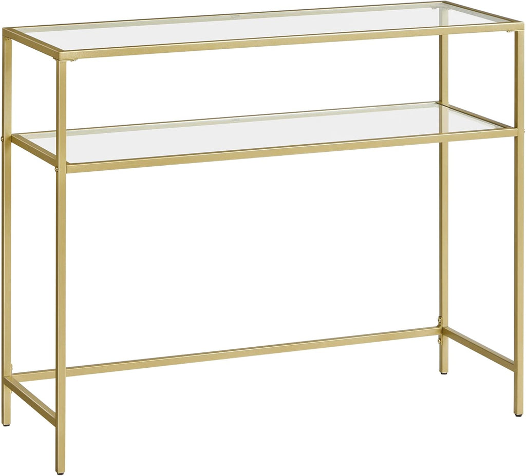 VASAGLE Mesa de Consola, Mesa de Entrada, Marco de Metal, Extremo del Sofá, Tablero de Vidrio Templado, Patas Ajustables, para Salón, Entrada, Pasillo, Dorado y Transparente MLGT025A01