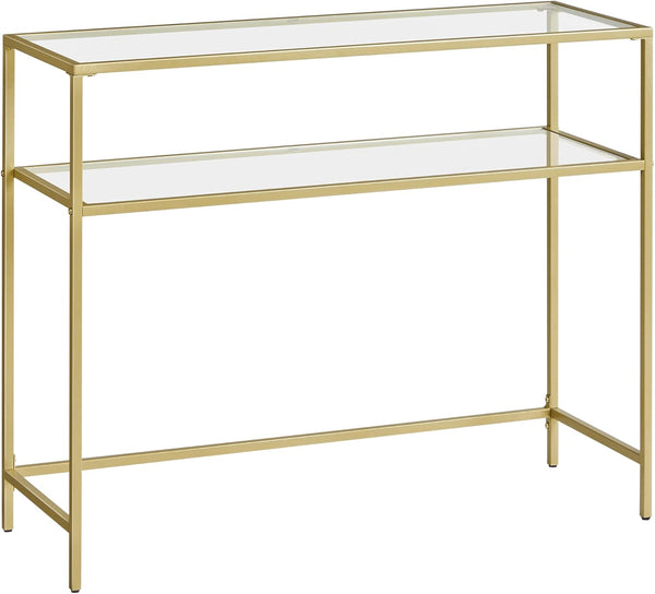 VASAGLE Mesa de Consola, Mesa de Entrada, Marco de Metal, Extremo del Sofá, Tablero de Vidrio Templado, Patas Ajustables, para Salón, Entrada, Pasillo, Dorado y Transparente MLGT025A01