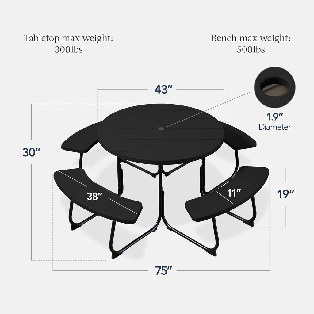 Best Choice Products - Mesa de picnic para 8 personas, circular con 4 bancos integrados y agujero para paraguas, capacidad de 2000 libras, color negro