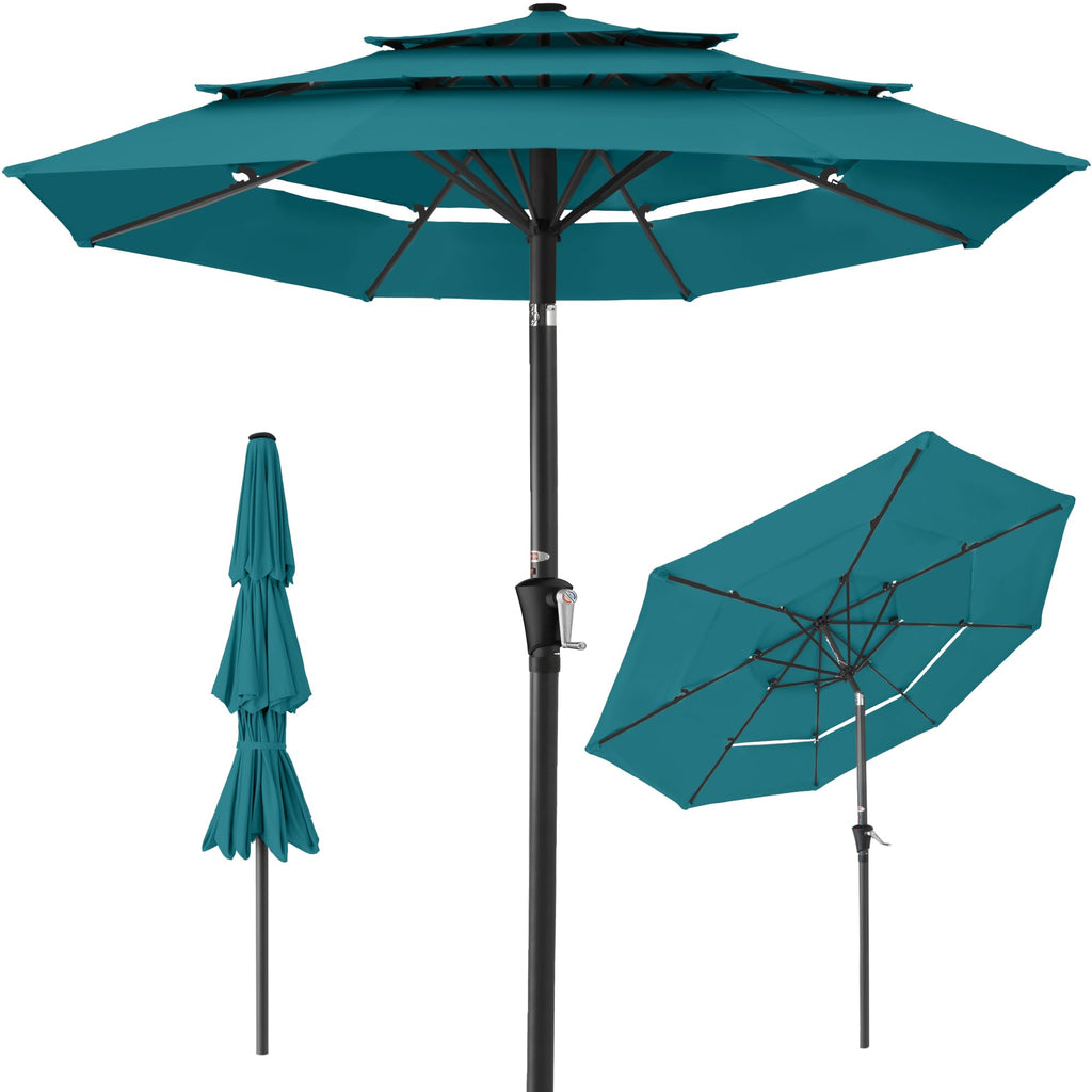 Best Choice Products - Sombrilla de patio de 3 niveles de 10 pies, parasol para patio trasero, terraza, junto a la piscina con 24 luces LED, ajuste de inclinación, manivela fácil, 8 varillas