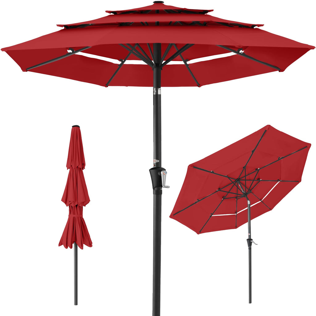 Best Choice Products - Sombrilla de patio de 3 niveles de 10 pies, parasol para patio trasero, terraza, junto a la piscina con 24 luces LED, ajuste de inclinación, manivela fácil, 8 varillas