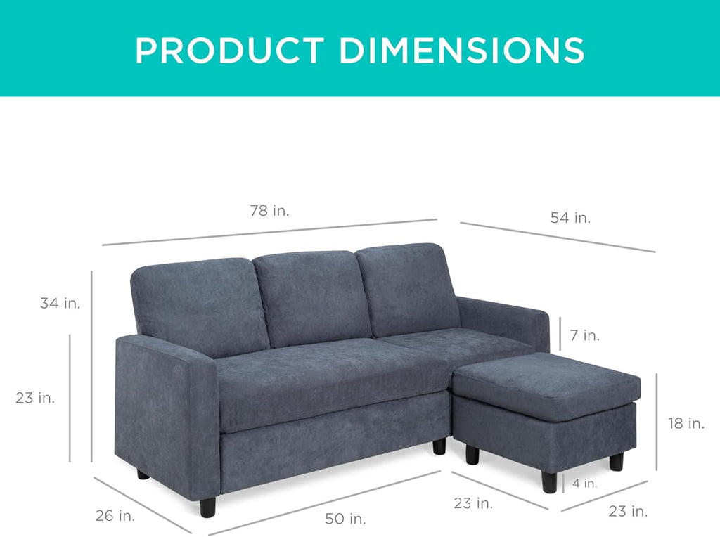 Best Choice Products Sofá seccional de lino para el hogar, apartamento, dormitorio, habitación extra, espacios compactos con chaise lounge, 3 asientos, diseño en forma de L, banco otomano reversible, capacidad de 800 libras - gris