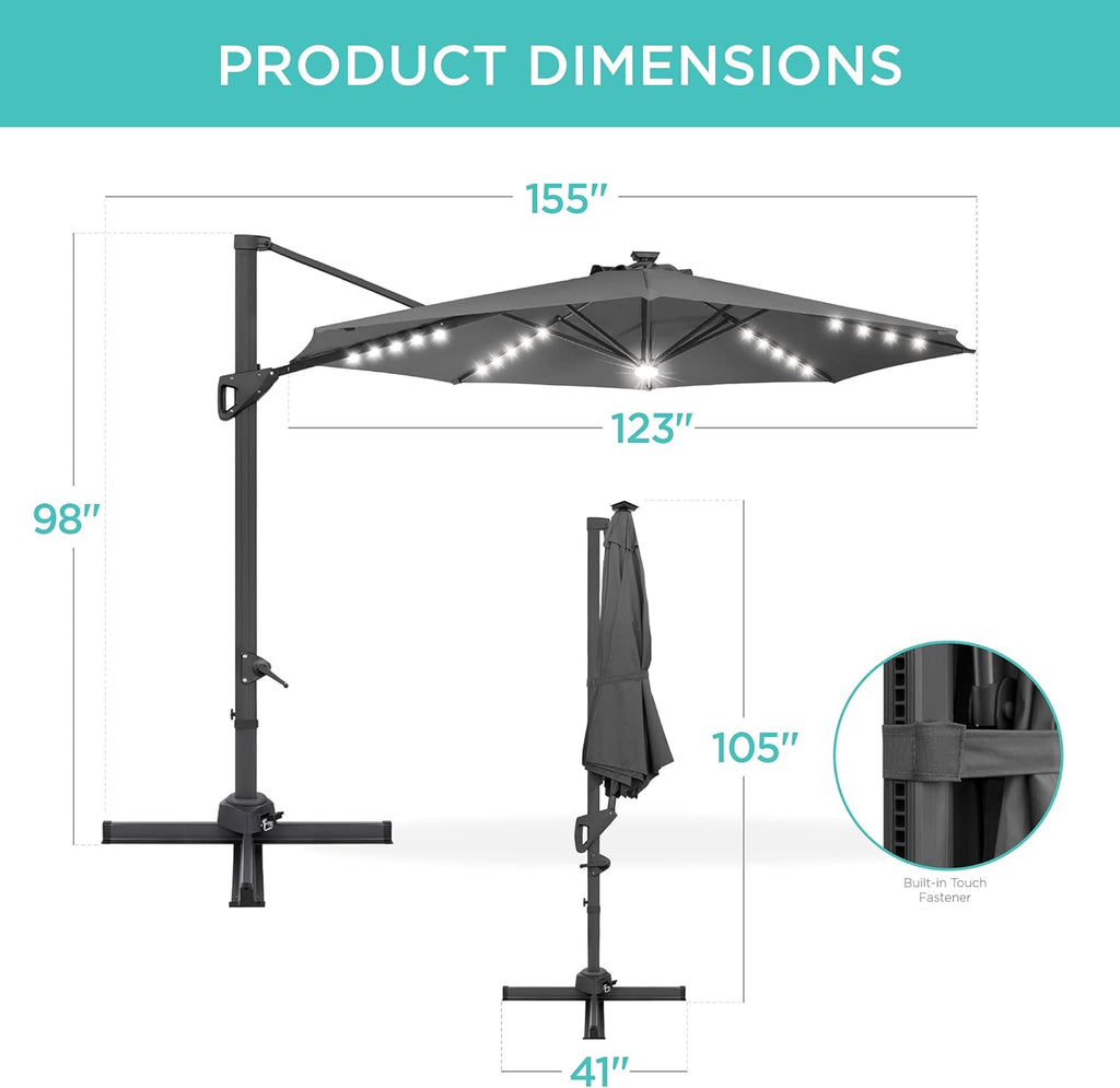 Best Choice Products Paraguas Solar LED de 10 Pies, Rotación 360 Grados, para Colgar en el Mercado, Exterior, Patio, Terraza, Piscina con Luces, Fácil Inclinación, Base Cruzada, Color Gris