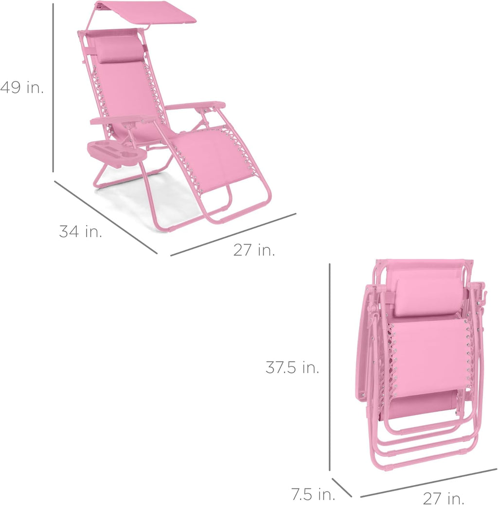 Best Choice Products - Silla reclinable plegable de gravedad cero para exteriores, con toldo ajustable, reposacabezas, bandeja de accesorios lateral, malla de textileno, clavel