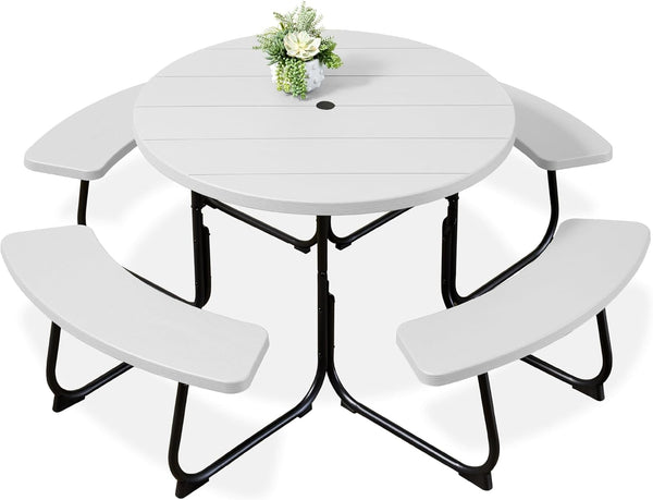 Best Choice Products - Mesa de picnic para 8 personas, circular con 4 bancos integrados y agujero para paraguas, capacidad de 2000 libras, color blanco