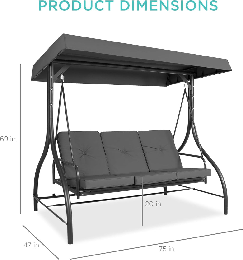 Best Choice Products - Toldo de 3 asientos para exteriores, gran convertible, hamaca de patio, sillón para porche, patio trasero con cama plana, visualización ajustable, cojines extraíbles, color gris