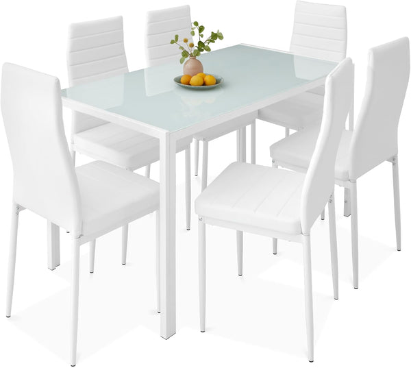 Best Choice Products - Juego de comedor de vidrio de 7 piezas, muebles modernos de mesa de cocina para comedor, comedor, comedor, compacto ahorro de espacio con mesa de vidrio, 6 sillas tapizadas de