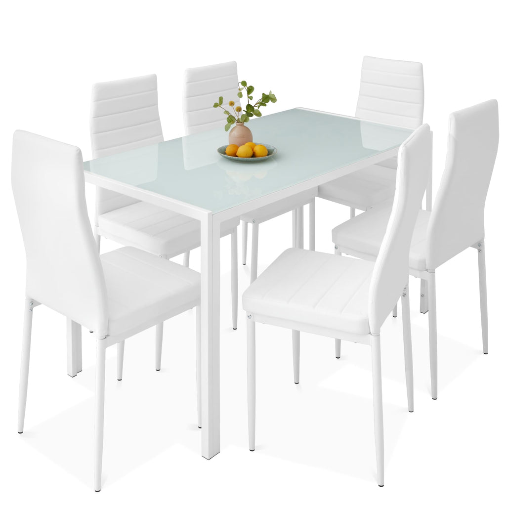 Best Choice Products - Juego de comedor de vidrio de 5 piezas, muebles modernos de mesa de cocina para comedor, comedor, comedor, compacto ahorro de espacio con mesa de vidrio, 4 sillas de poliuretano