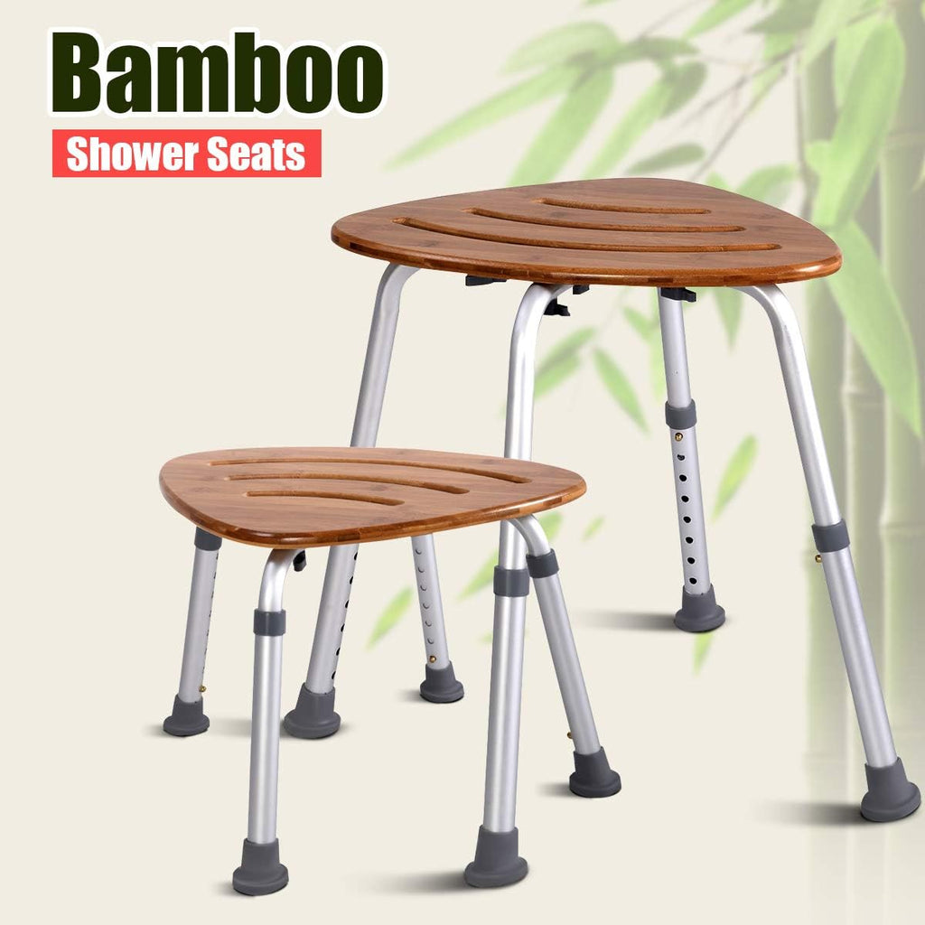 Goplus Bamboo Bath Seat Shower Chair Triangular Fanshaped Slip-Resistant Rubber Tip New