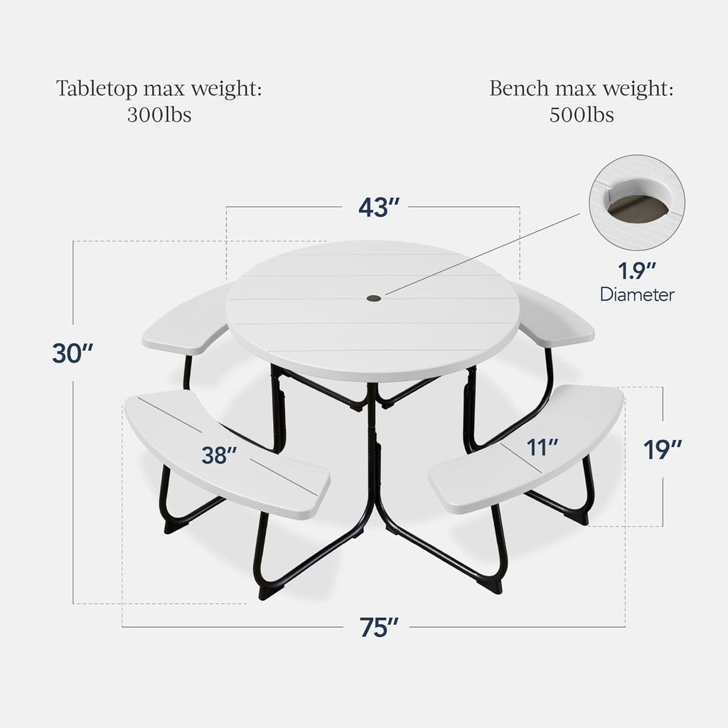Best Choice Products - Mesa de picnic para 8 personas, circular con 4 bancos integrados y agujero para paraguas, capacidad de 2000 libras, color blanco