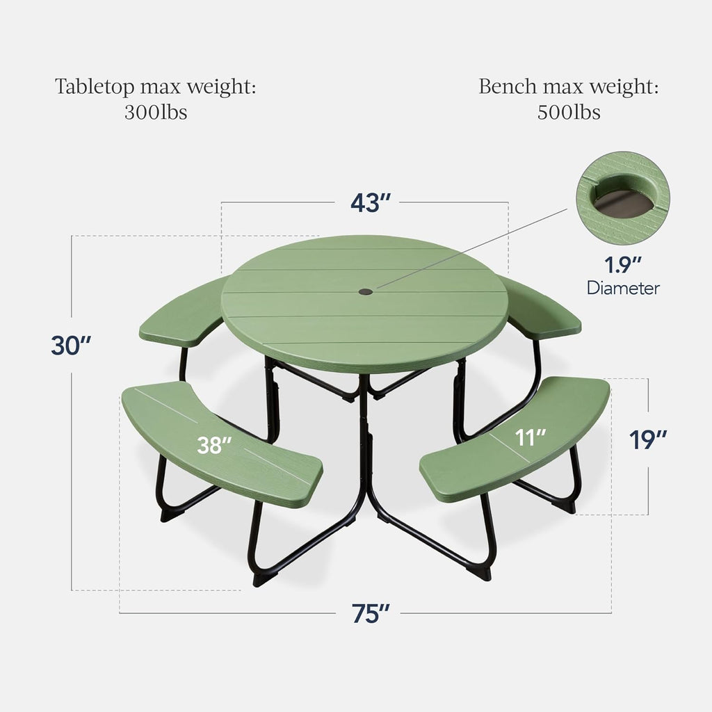 Best Choice Products - Mesa de picnic para 8 personas, circular con 4 bancos integrados y agujero para paraguas, capacidad de 2000 libras, color verde