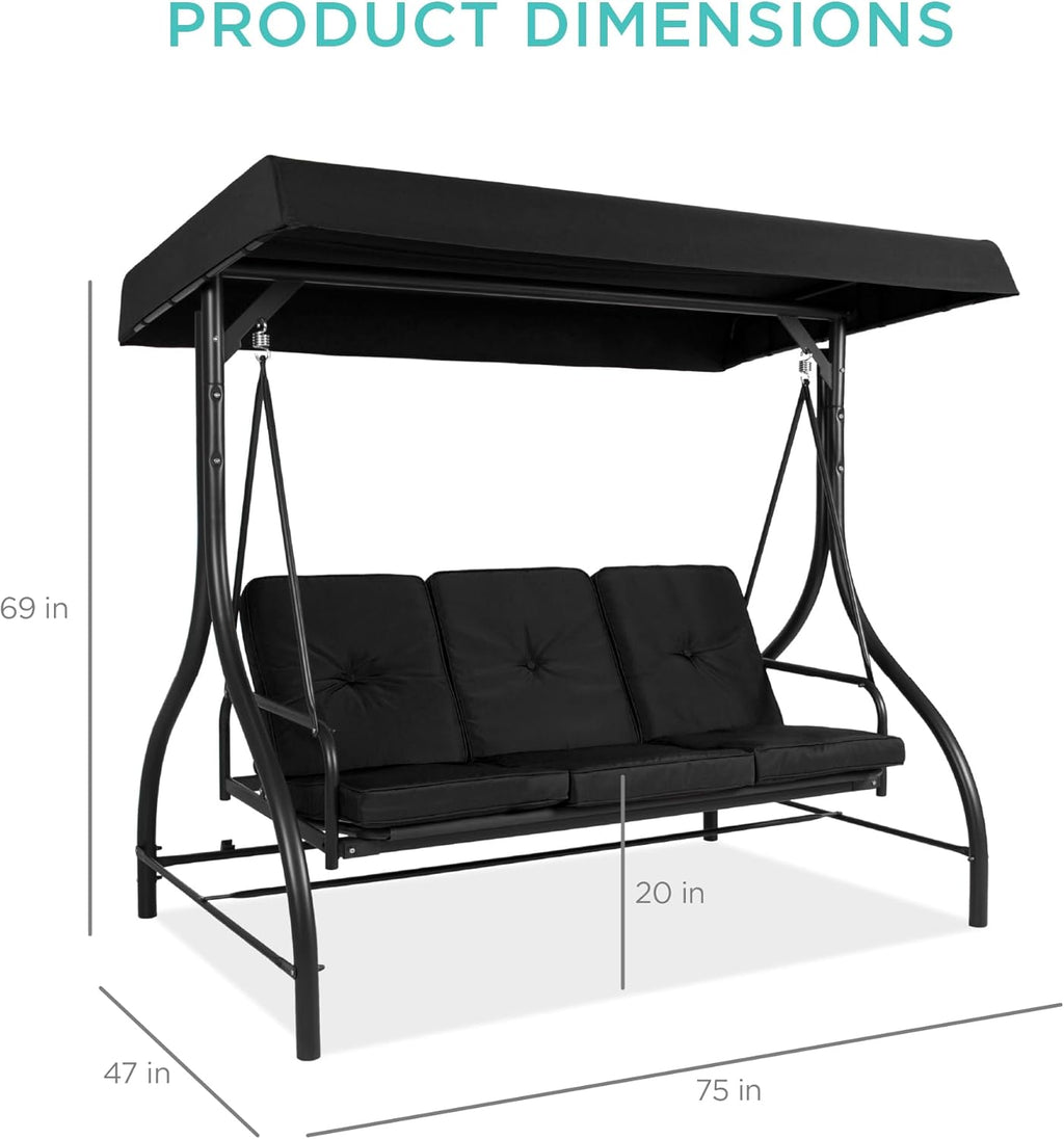 Best Choice Products - Toldo de 3 asientos para exteriores, gran convertible, hamaca de patio, sillón para porche, patio trasero con cama plana, visualización ajustable, cojines extraíbles, color