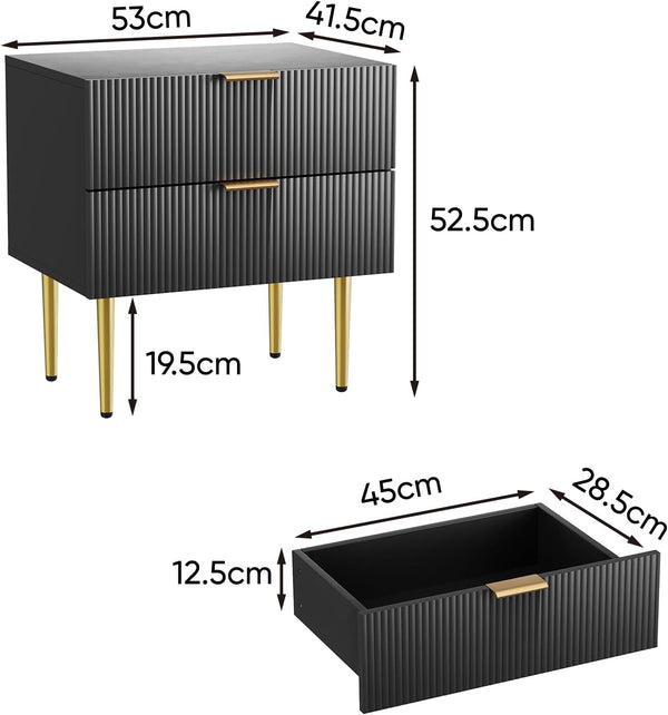 Semiocthome - Mesita de noche negra de mediados de siglo moderno con 2 cajones de panel ondulado, mesita de noche con patas de metal doradas, juego de recámara, mesa auxiliar de mesa ancha, mesas