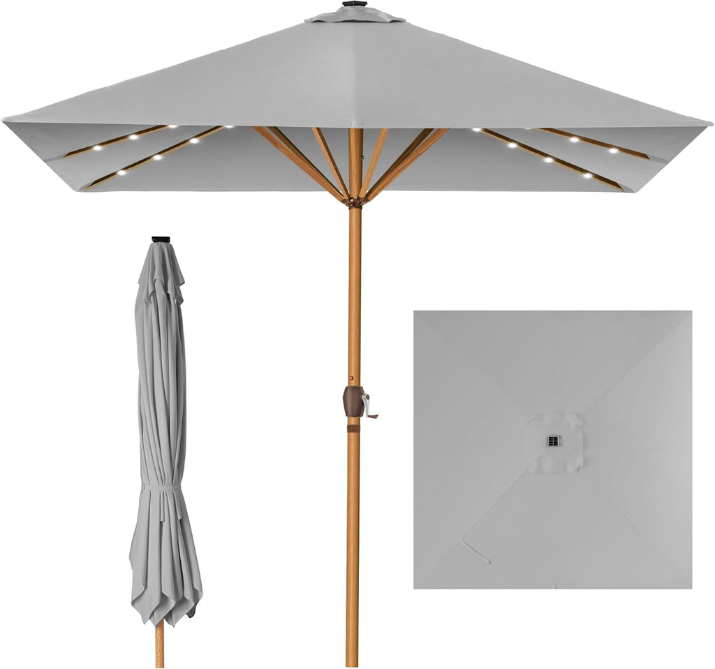Best Choice Products - Paraguas de patio cuadrado de 9 pies de profundidad, con luz LED con textura de madera sintética, tela resistente a los rayos UV, manivela