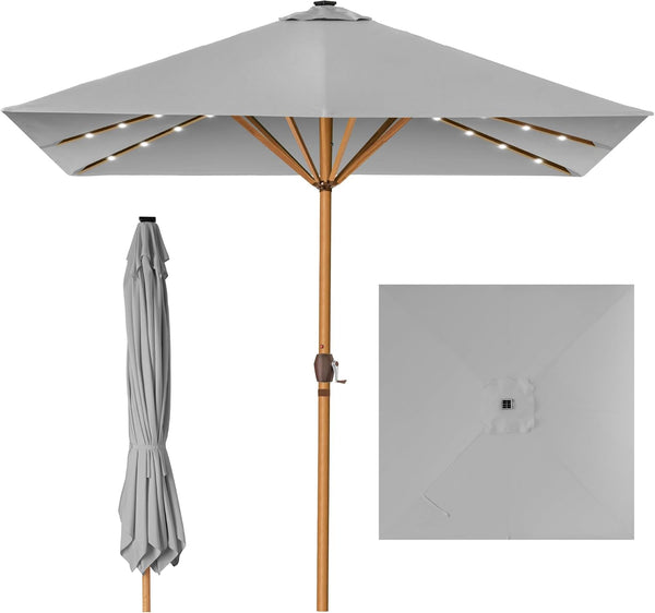 Best Choice Products - Paraguas de patio cuadrado de 9 pies de profundidad, con luz LED con textura de madera sintética, tela resistente a los rayos UV, manivela
