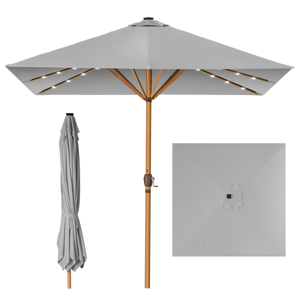 Best Choice Products - Paraguas de patio cuadrado de 9 pies de profundidad, con luz LED con textura de madera sintética, tela resistente a los rayos UV, manivela