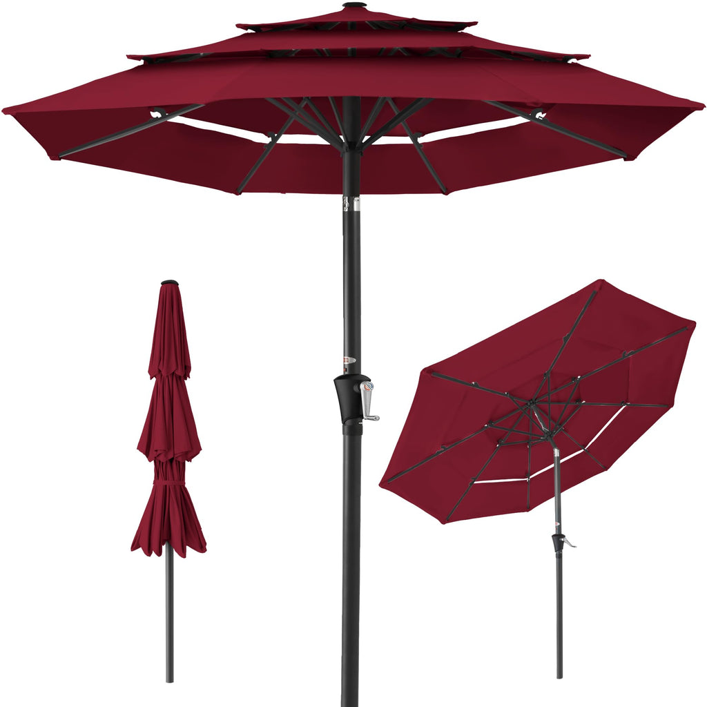 Best Choice Products - Sombrilla de patio de 3 niveles de 10 pies, parasol para patio trasero, terraza, junto a la piscina con 24 luces LED, ajuste de inclinación, manivela fácil, 8 varillas