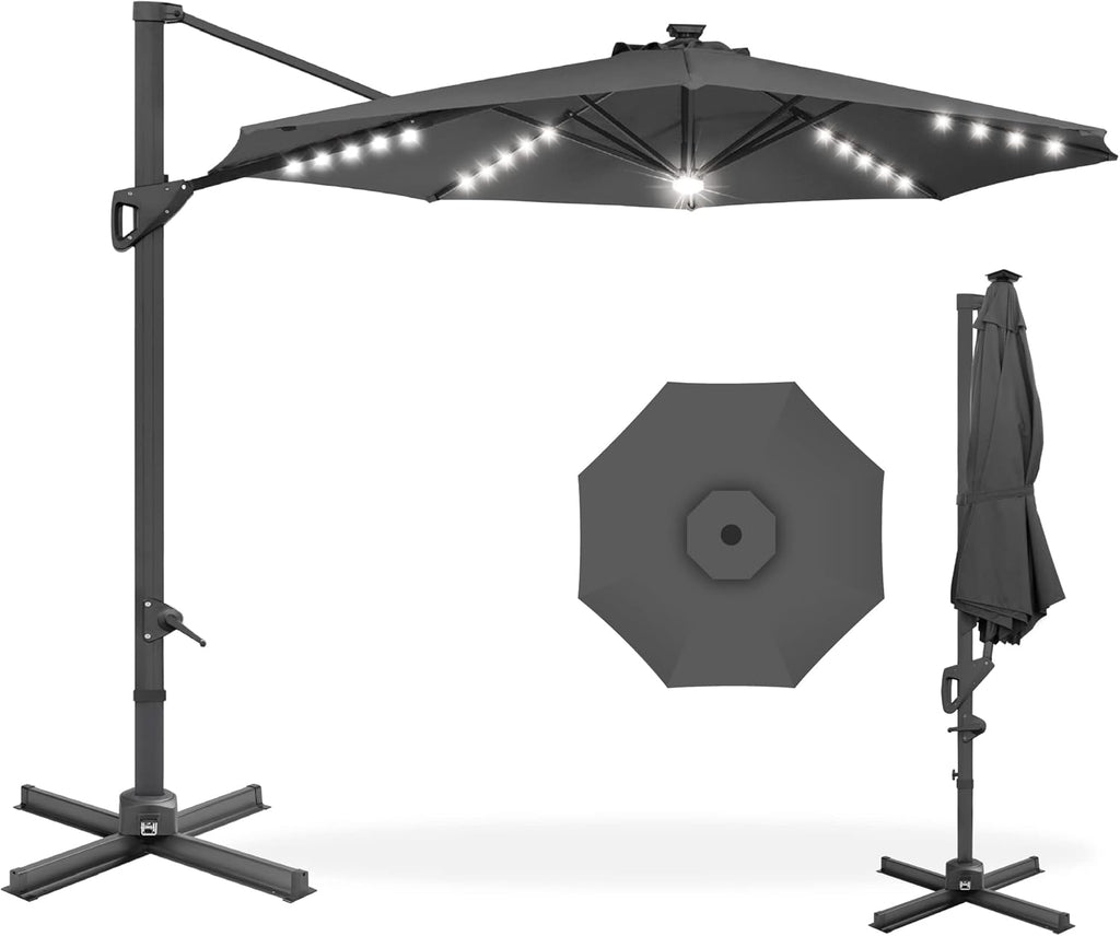 Best Choice Products Paraguas Solar LED de 10 Pies, Rotación 360 Grados, para Colgar en el Mercado, Exterior, Patio, Terraza, Piscina con Luces, Fácil Inclinación, Base Cruzada, Color Gris