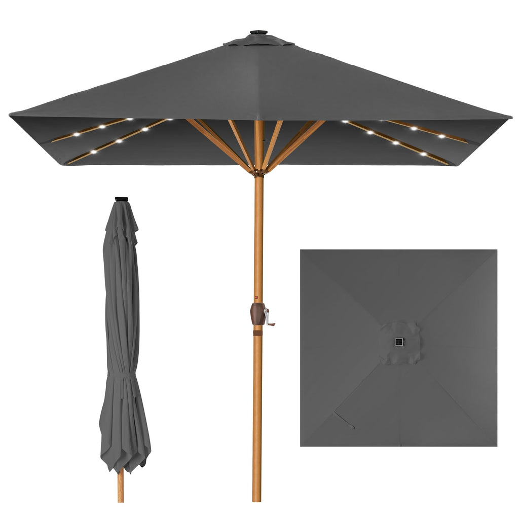 Best Choice Products - Paraguas de patio cuadrado de 9 pies de profundidad, con luz LED con textura de madera sintética, tela resistente a los rayos UV, manivela