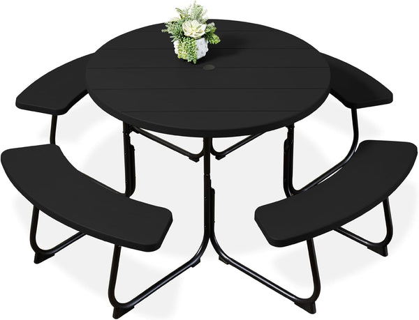 Best Choice Products - Mesa de picnic para 8 personas, circular con 4 bancos integrados y agujero para paraguas, capacidad de 2000 libras, color negro