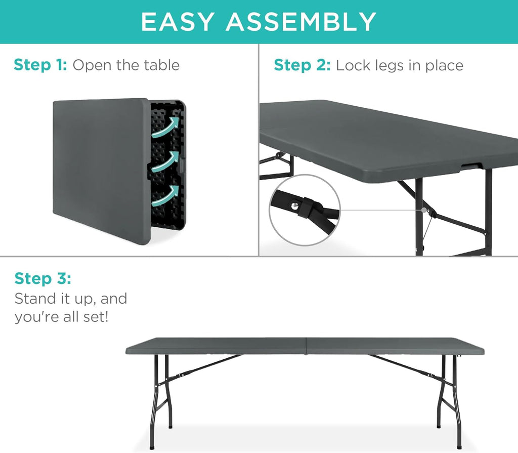 Best Choice Products - Mesa plegable de plástico de 8 pies, para interiores y exteriores, resistente portátil, con asa, cerradura para picnic, fiesta, pong, camping, color gris oscuro