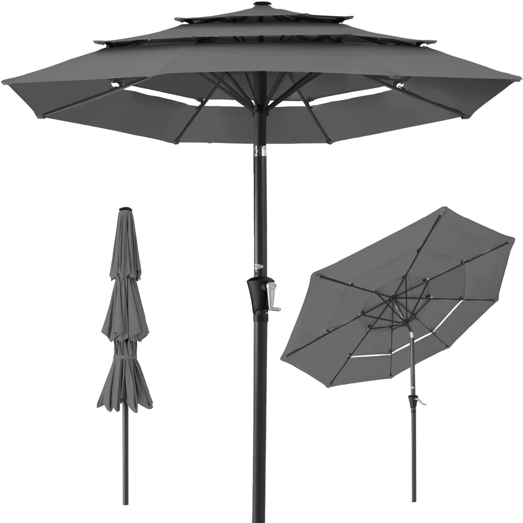 Best Choice Products - Sombrilla de patio de 3 niveles de 10 pies, parasol para patio trasero, terraza, junto a la piscina con 24 luces LED, ajuste de inclinación, manivela fácil, 8 varillas
