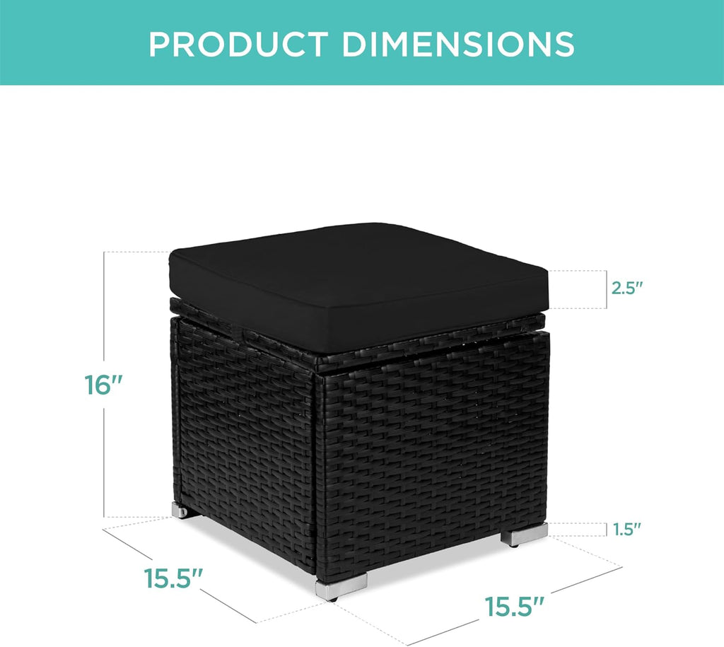 Best Choice Products - Juego de 2 otomanas de mimbre, muebles multiusos para exteriores, para patio, asiento adicional, reposapiés, mesa auxiliar con almacenamiento, cojines extraíbles, negro/negro