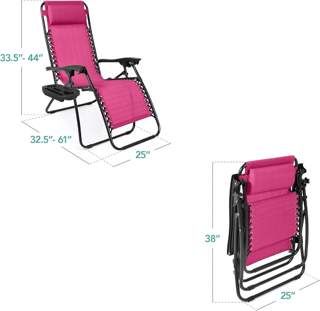 Best Choice Products - Juego de 2 sillas reclinables ajustables de malla de acero con gravedad cero con almohadas y bandejas para portavasos - rosa intenso/negro