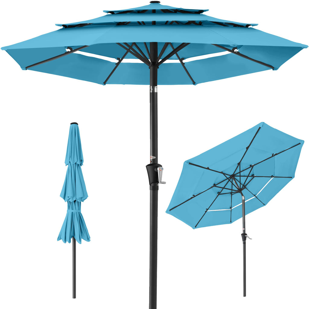 Best Choice Products - Sombrilla de patio de 3 niveles de 10 pies, parasol para patio trasero, terraza, junto a la piscina con 24 luces LED, ajuste de inclinación, manivela fácil, 8 varillas