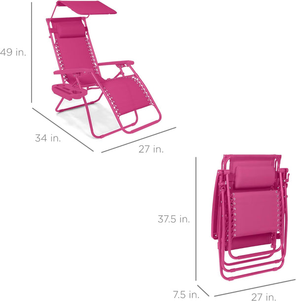 Best Choice Products - Silla reclinable plegable de gravedad cero para exteriores, con toldo ajustable, reposacabezas, bandeja de accesorios lateral, malla textilena, color rosa intenso