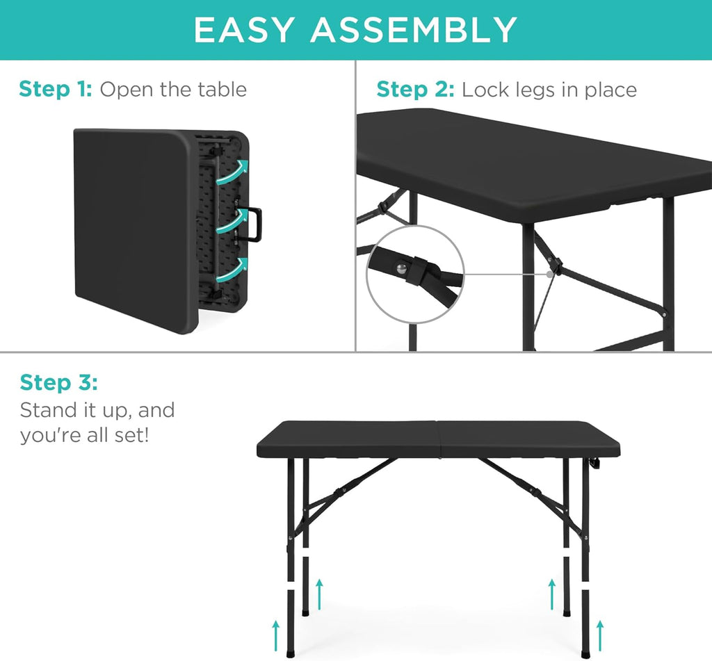 Best Choice Products - Mesa plegable de plástico de 4 pies, para interiores y exteriores, resistente, portátil, con asa, candado para picnic, fiesta, camping, color negro