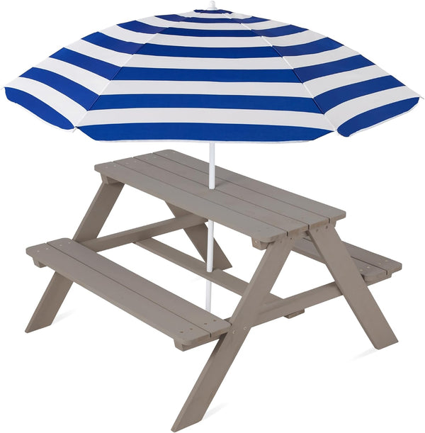 Best Choice Products - Mesa de picnic de madera para niños, mesa de actividades al aire última intervensión y comedor con paraguas plegable ajustable, asientos integrados, gris/azul marino