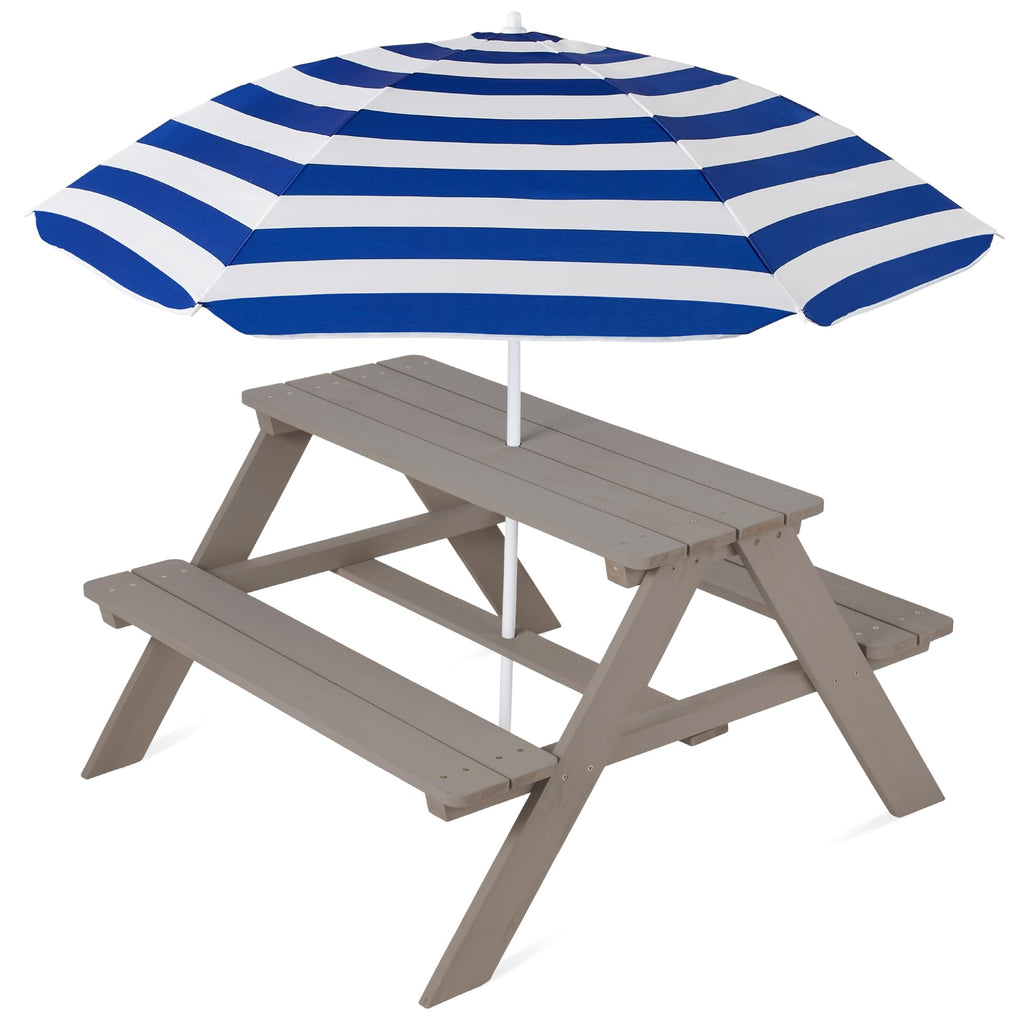 Best Choice Products - Mesa de picnic de madera para niños, mesa de actividades al aire última intervensión y comedor con paraguas plegable ajustable, asientos integrados, color natural/rosa oscuro