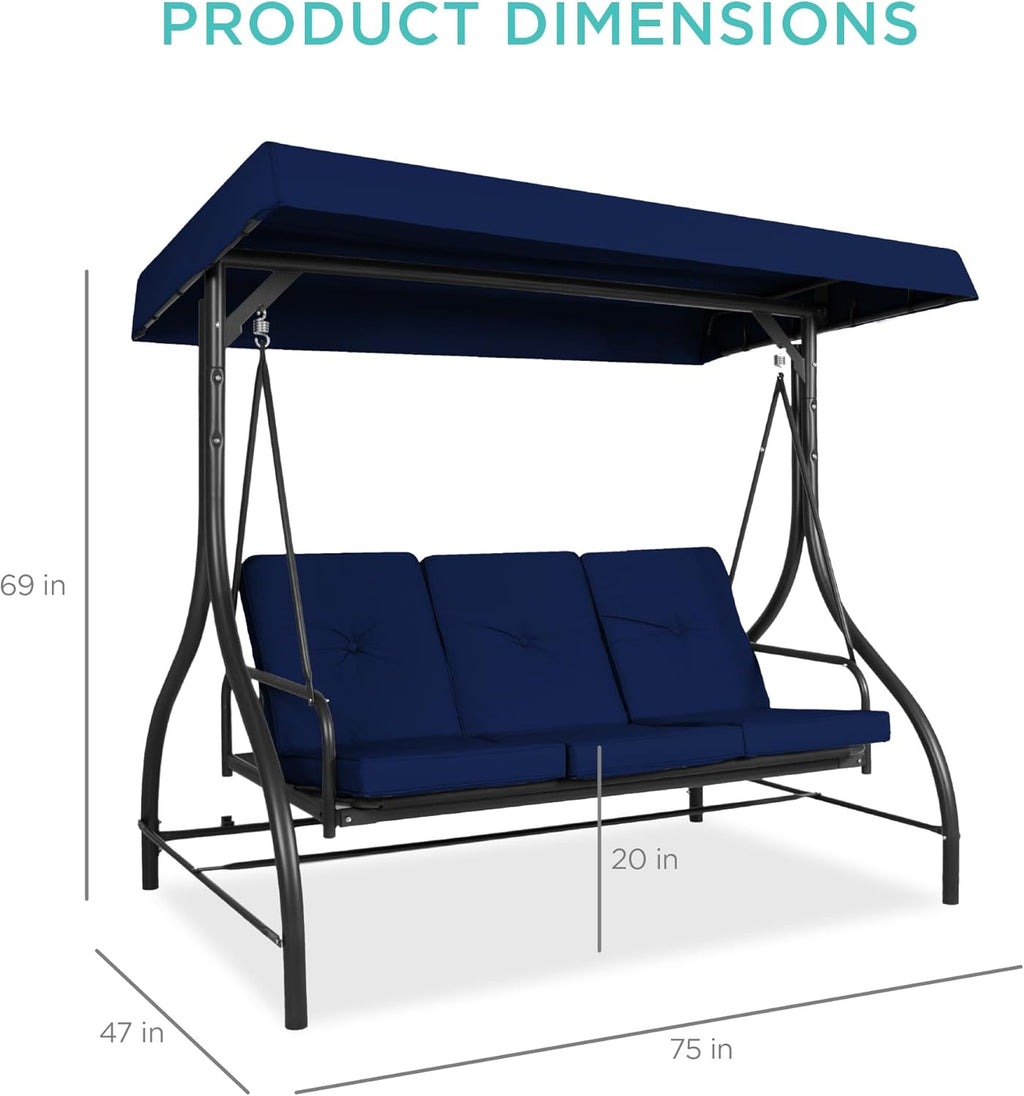Best Choice Products - Toldo de 3 asientos para exteriores, gran convertible, hamaca de patio, sillón para porche, patio trasero con cama plana, visualización ajustable, cojines extraíbles, color azul