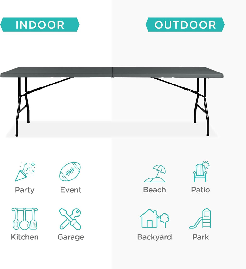 Best Choice Products - Mesa plegable de plástico de 8 pies, para interiores y exteriores, resistente portátil, con asa, cerradura para picnic, fiesta, pong, camping, color gris oscuro