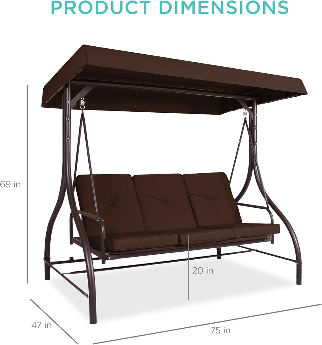 Best Choice Products Toldo Grande de 3 Asientos para Exteriores, Hamaca de Patio para Porche, Patio Trasero con Cama Plana, visualización Ajustable, Cojines extraíbles, Color café
