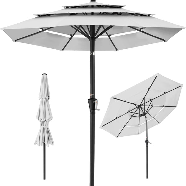 Best Choice Products - Sombrilla de patio de 3 niveles de 10 pies, parasol para patio trasero, terraza, junto a la piscina con 24 luces LED, ajuste de inclinación, manivela fácil, 8 varillas