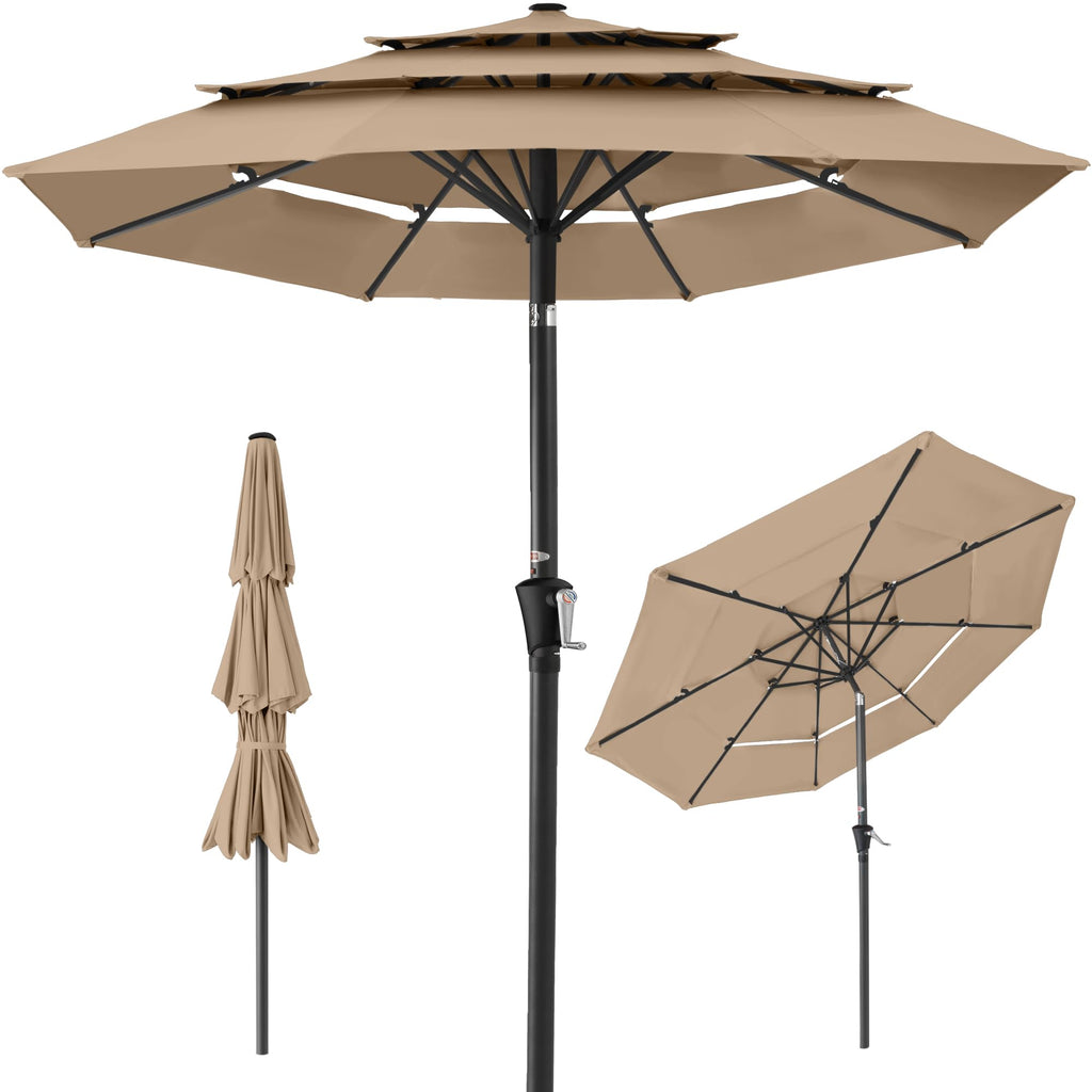 Best Choice Products - Sombrilla de patio de 3 niveles de 10 pies, parasol para patio trasero, terraza, junto a la piscina con 24 luces LED, ajuste de inclinación, manivela fácil, 8 varillas