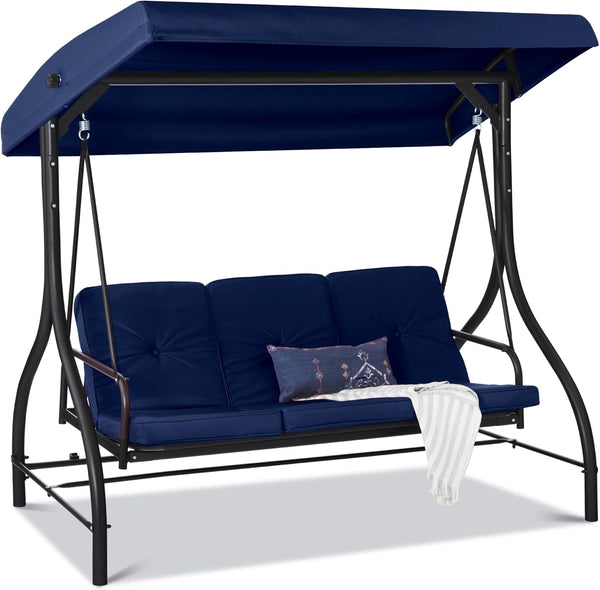 Best Choice Products - Toldo de 3 asientos para exteriores, gran convertible, hamaca de patio, sillón para porche, patio trasero con cama plana, visualización ajustable, cojines extraíbles, color azul