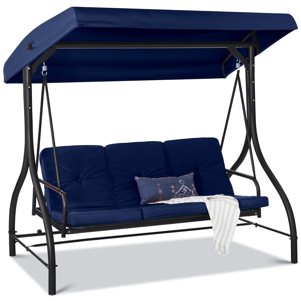 Best Choice Products - Toldo de 3 asientos para exteriores, gran convertible, hamaca de patio, sillón para porche, patio trasero con cama plana, visualización ajustable, cojines extraíbles, color gris