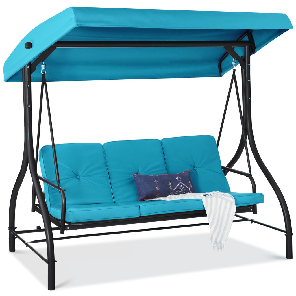 Best Choice Products - Toldo de 3 asientos para exteriores, gran convertible, hamaca de patio, sillón para porche, patio trasero con cama plana, visualización ajustable, cojines extraíbles, color gris