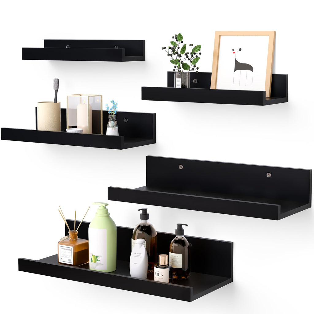 Upsimples Home - Estantes flotantes para decoración de pared, juego de 5 estantes de madera montados en la pared para recámara, sala de estar, baño, cocina, estantes de repisa de cuadros pequeños,