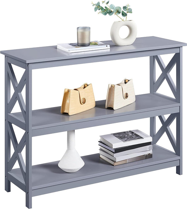 Yaheetech - Mesa de consola con 3 estantes de almacenamiento, mesa de entrada, sofá, mesa auxiliar estrecha y larga estantería para pasillo, sala de estar, muebles decorativos, color gris