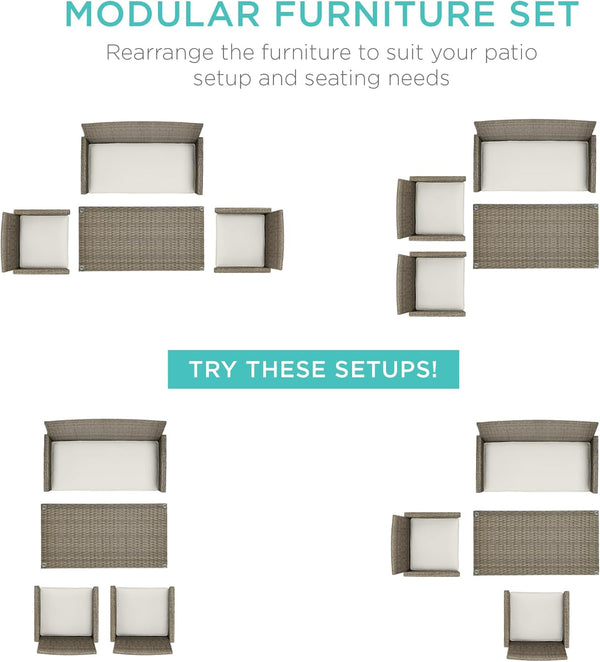 Best Choice Products - Juego de muebles de mimbre para patio de patio de 4 piezas para patio trasero con mesa de centro, cojines de asiento, color topo/arena blanca