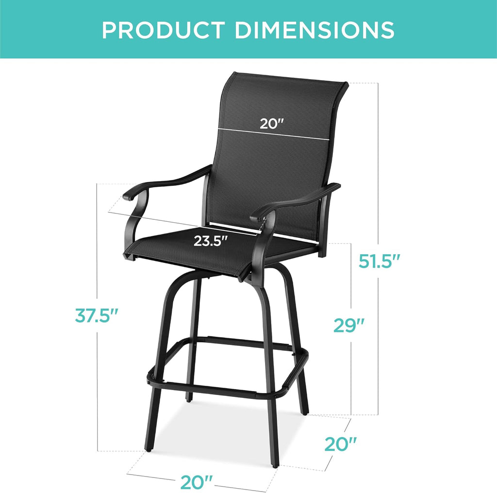 Best Choice Products - Juego de 2 taburetes giratorios, sillas para exteriores con altura de bar, 360 taburetes de bar giratorios para patio con malla para todo clima, capacidad de 300 libras, color negro