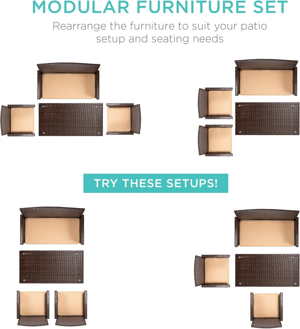 Best Choice Products Juego de Muebles de Mimbre de 4 Piezas con 4 Asientos, Mesa de Cristal Templado, Cojines de Mimbre marrón/Beige