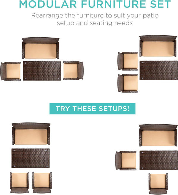 Best Choice Products Juego de Muebles de Mimbre de 4 Piezas con 4 Asientos, Mesa de Cristal Templado, Cojines de Mimbre marrón/Beige