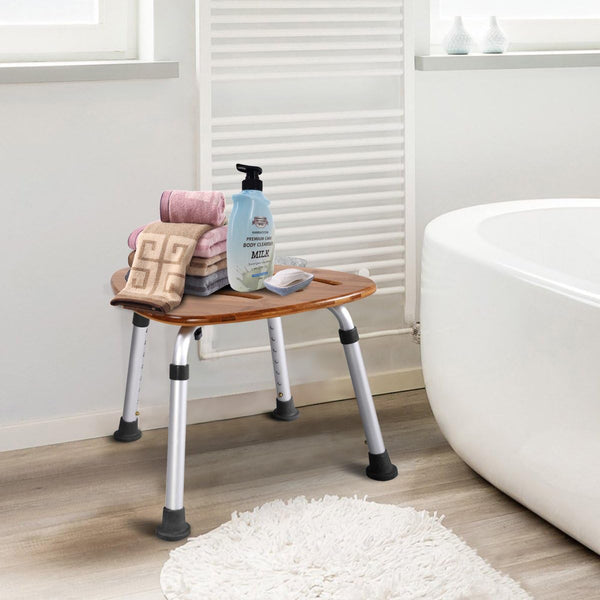 Goplus Bamboo Bath Seat Shower Chair Triangular Fanshaped Slip-Resistant Rubber Tip New