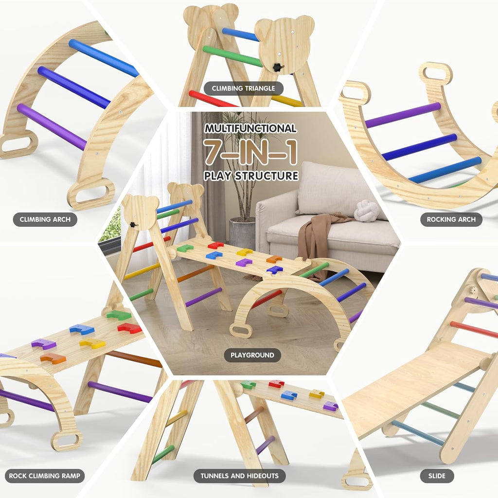 Juego de escalada Pikler 7 en 1, recolector de madera plegable, 3 piezas, para bebé y niños pequeños, con arco, rampa